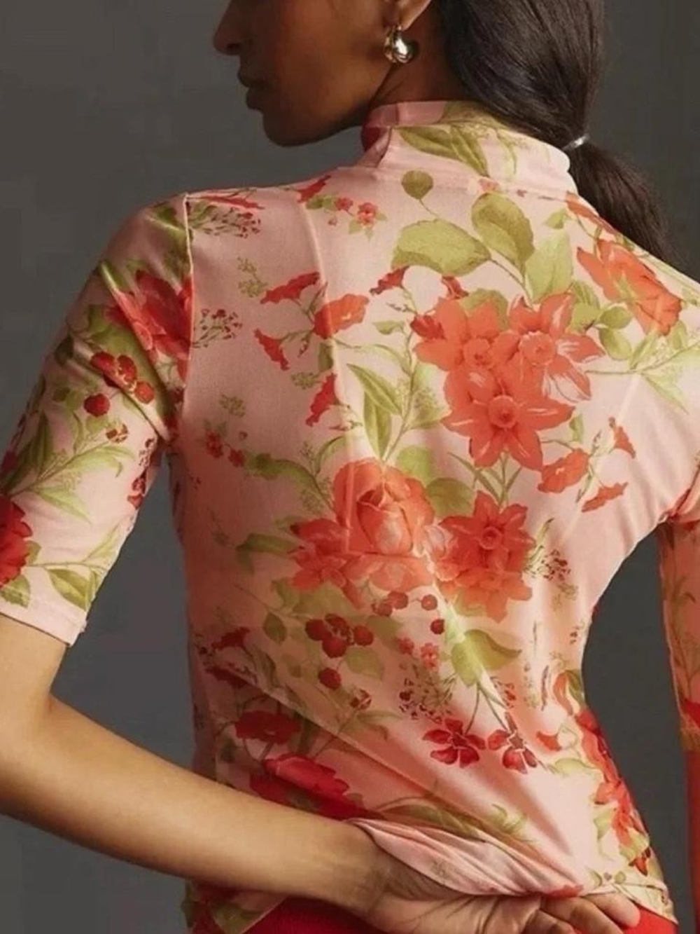 Floral Mesh Sheer Crop Top Mock Neck 1/3 Sleeves Coral Cottagecore Y2K Feminine
